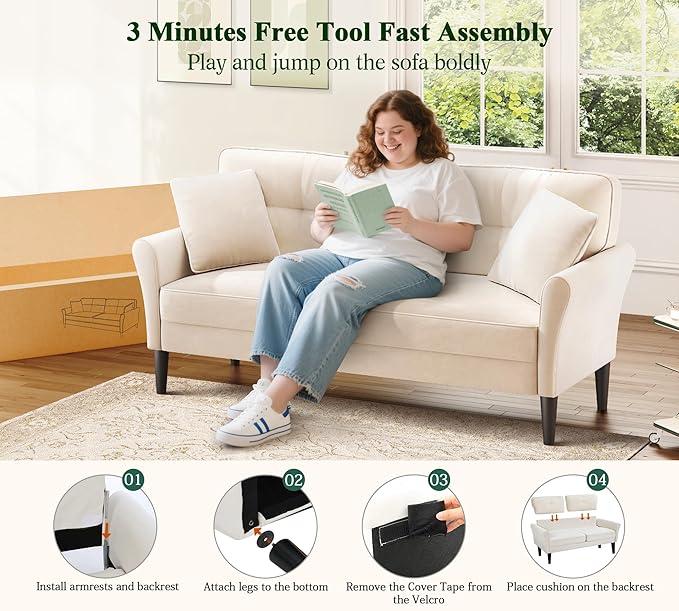 69" Loveseat Sofa, Velvet Small Couches for Small Spaces, Love Seat Couches with 2 Pillows, Tool-Free Setup Loveseats, 700lb Load Sofas for Living Room, Mini Couch for Bedroom, Comfy Sofa Couch, White