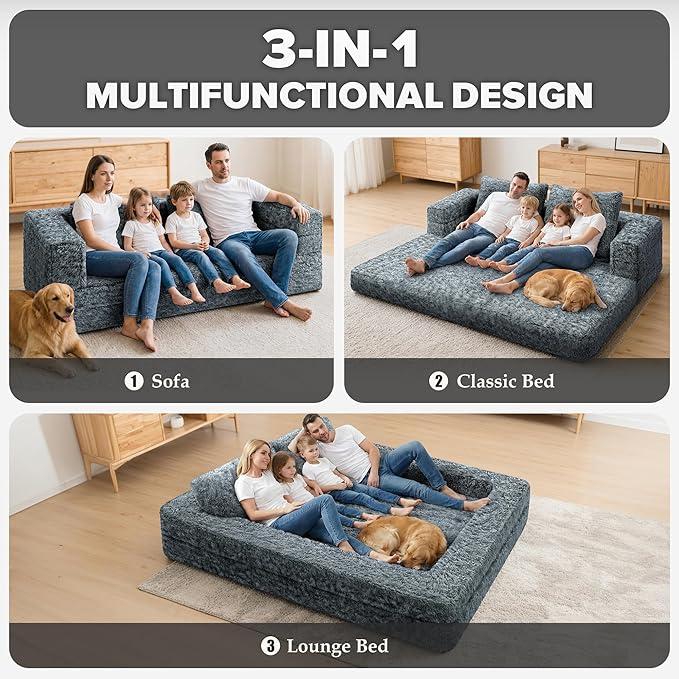 HABUTWAY Convertible Sofa Bed,3-in-1 Folding Futon Sofa Bed with Pillow, Foldable Sleeper Sofa Bed with Removable Cover,Plush Boneless Floor Chair Couch Lounge for Living Room,(Queen,Dark Grey)