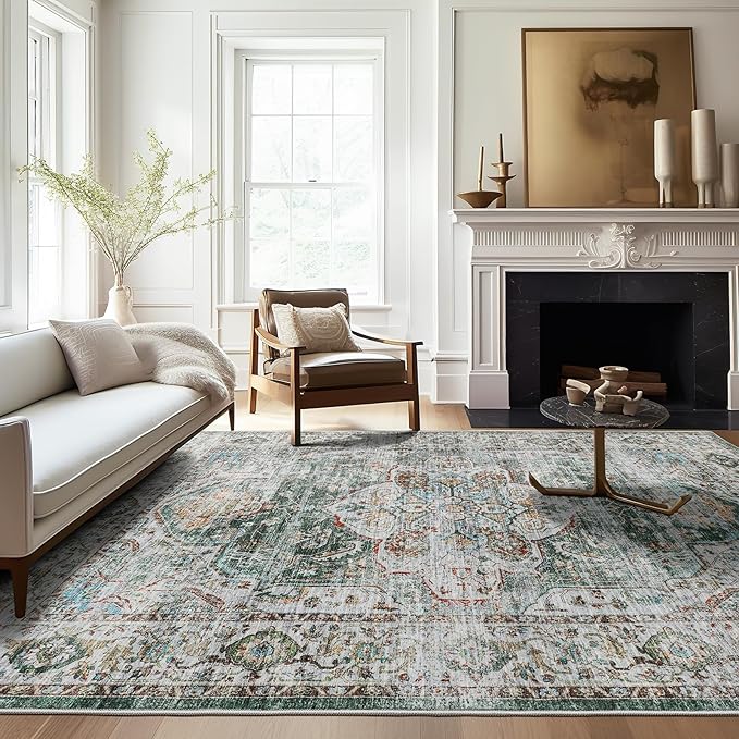 5x7 Area Rugs for Living Room,Stain Resistant Washable Rug,Non-Slip Backing Rugs for Bedroom,Kitchen,Printed Vintage Home Decor Rug (Green, 5'x7')