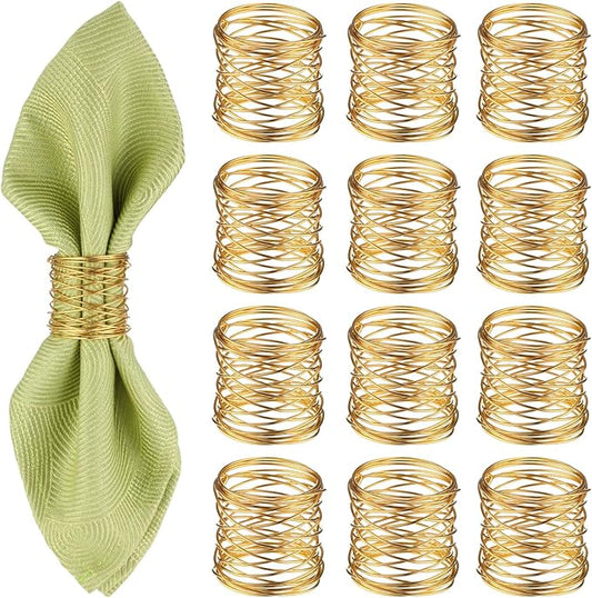 12 Pieces Napkin Rings Holders Handmade Round Mesh Heavy Duty Metal Napkin Rings Holder for Dinner Decoration Dining Table Parties Wedding Christmas(Gold)