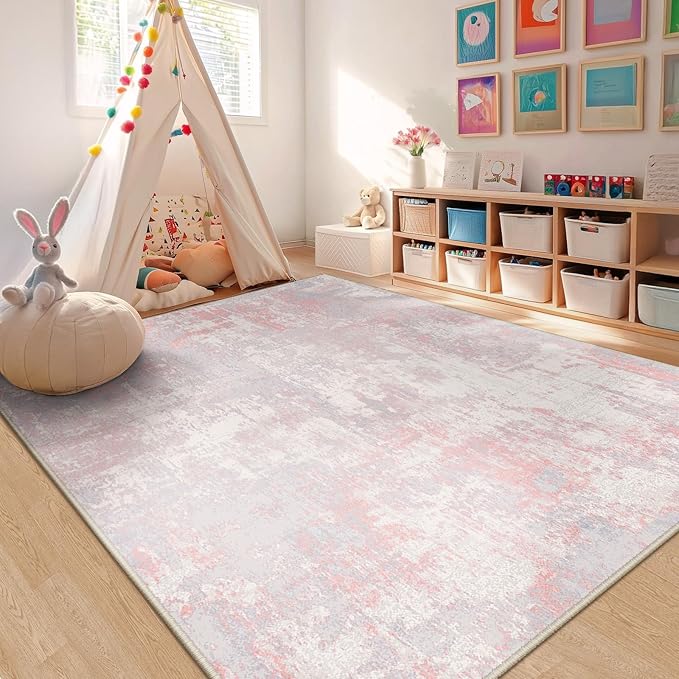 Washable Area Rugs 6'x9' Non-Slip Modern Abstract Soft for Living Room Entryway Bedroom Nursery, Print Pattern, Grey Pink