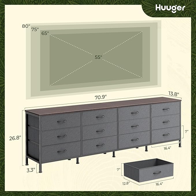 Huuger 70 Inch Dresser for Bedroom, TV Stand for 65, 75, 80 Inch TV, 12 Drawer Long Dresser, Large Storage Organizer Unit, Wide Chest of Drawer with Storage, Fabric Drawer for Living Room, Dark Grey