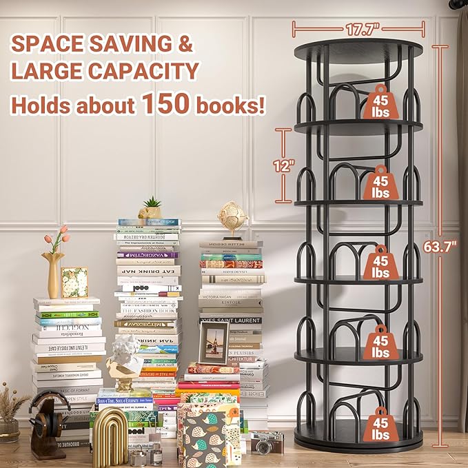 Aheaplus 5 Tier Rotating Bookshelf Tower, 360 Display Spinning Bookcase, Revolving Round Book Shelf Narrow Swivel Bookshelf, Vertical Turning Spiral Corner Book Organizer for Small Space, Black