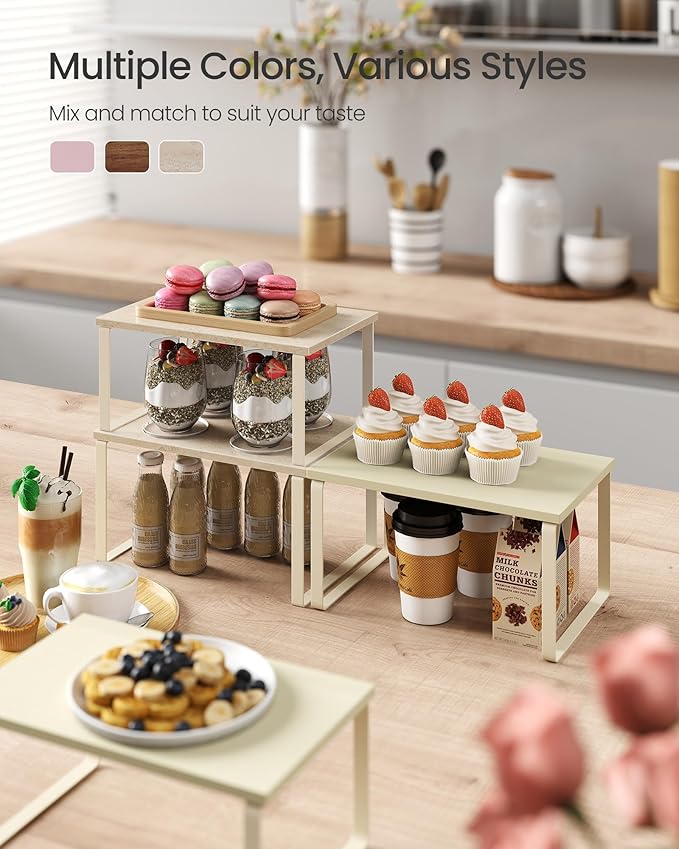 SONGMICS Cabinet Organizer Shelf, Set of 2 Kitchen Counter Shelves, Kitchen Storage, Spice Rack, Stackable, Expandable, Metal and Engineered Wood, Travertine Beige and Cream White UKCS020L01