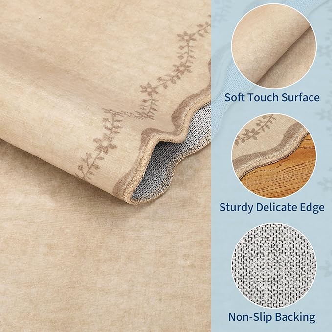 GarveeHome Scalloped Entryway Rug, 2x3 Solid Jute Washable Front Door Rug Indoor Entrance Floral Carpet Non-Slip Low Pile Throw Rugs for Kitchen Floor, Powder Room, Entry, Bathroom, Kids Room
