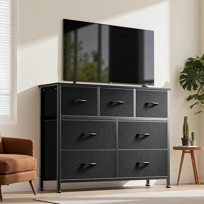 DUMOS Dresser for Bedroom, Chest of Drawers, Closet Storage with 7 Drawers, Cloth Dresser Clothes Organizers Tower with Fabric Bins, Metal Frame, Wood Tabletop for Nursery, Guest Room, Living Room