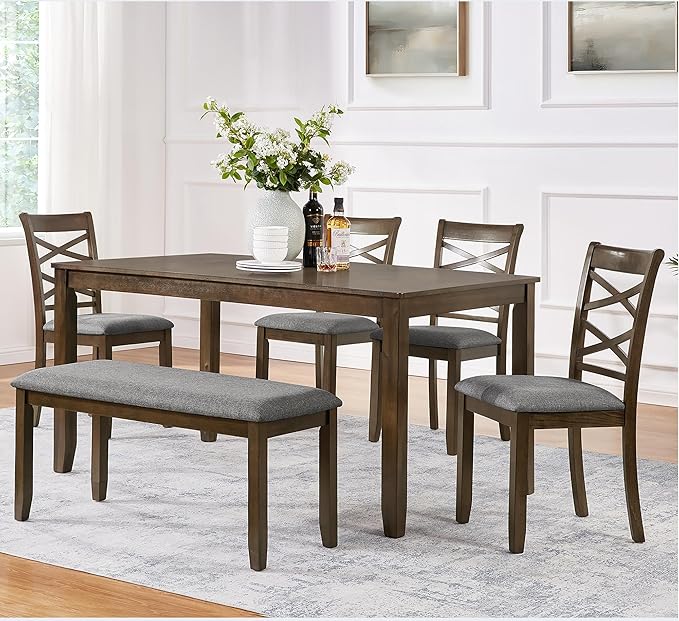 soges 6 Piece Kitchen Dining Set, Rectangular Wooden Dining Table with 4 Upholstered Chairs and a Bench, Morden Dining Table Set for 6 People, Living Room, Home Bar and Kitchen, Walnut