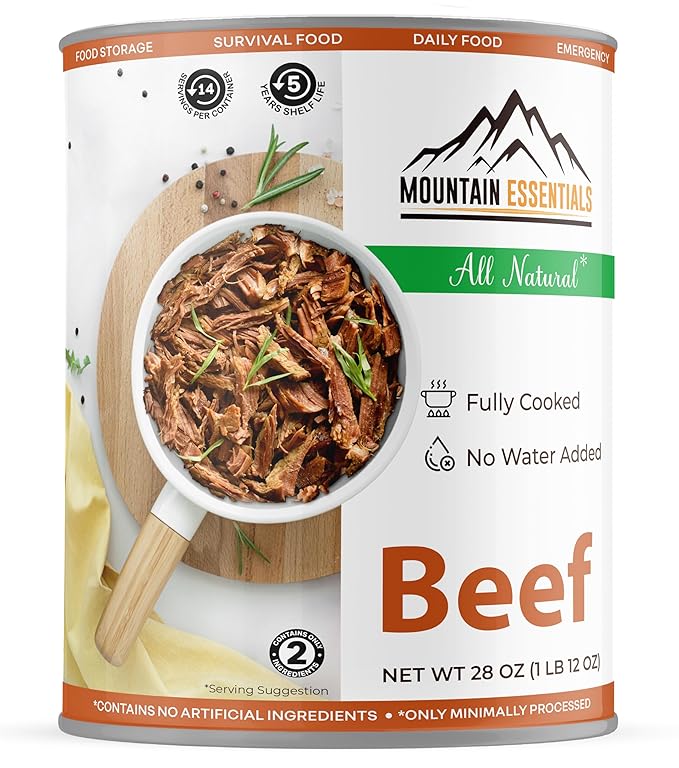 MOUNTAIN ESSENTIALS All Natural Canned Beef 28 Oz ??Fully Cooked, Ready to Eat, Gluten Free ??Canned Meat for Daily Use, Emergency, Survival & Camping ??5-Year Shelf Life ??Made in USA ??Pack of 1