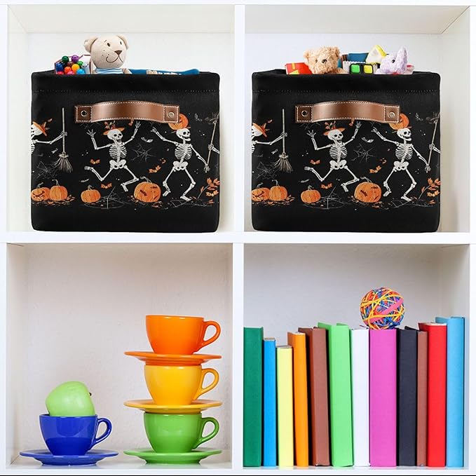 Halloween Skeleton Black Storage Basket with Waterproof Liner and PU Handles Spooky Skull Pumpkin Storage Bins Boxes 14.2" Collapsible Decorative Organizer Baskets for Bedroom Closet Office 1 Pack