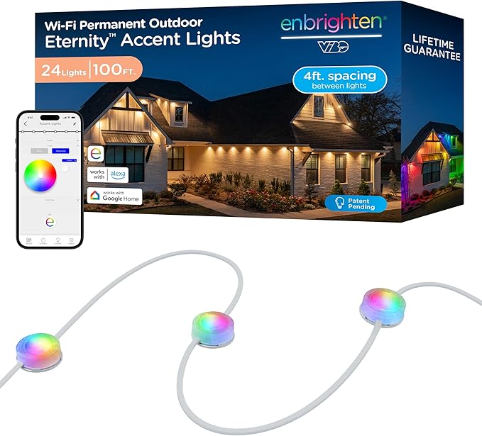 Enbrighten Vibe Eternity Accent Permanent Outdoor Lights for House, 100ft, 24 RGBWIC LEDs, Wide Spacing, 94lm, Tunable White, Everyday Eave Lighting, Smart App, Works with Alexa, Google Home, 85713