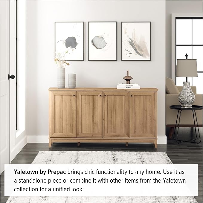 Prepac Yaletown 4 Panel Door Console Table with Storage, Oak Storage Cabinet with Doors and Shelves, Sideboard Storage Cabinet 60" W x 32" H x 16" D, OCBG-2220-1