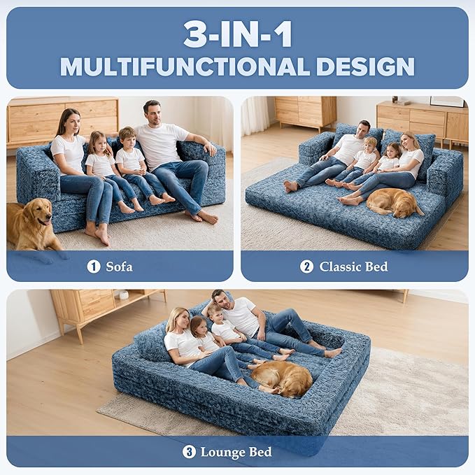 HABUTWAY Convertible Sofa Bed,3-in-1 Folding Futon Sofa Bed with Pillow, Foldable Sleeper Sofa Bed with Removable Cover,Plush Boneless Floor Chair Couch Lounge for Living Room,(Queen,Blue)