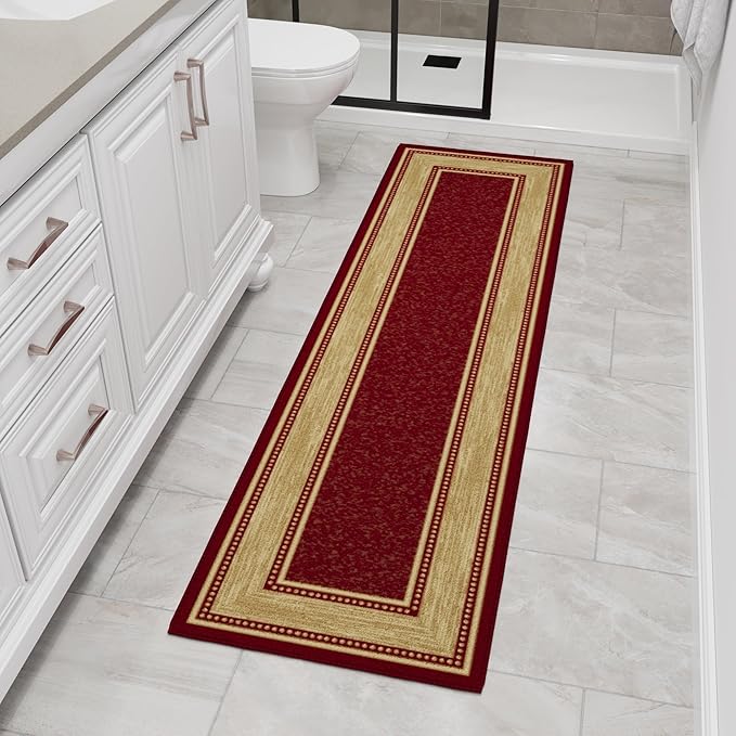 Ottomanson Hallway Runner Rug 1'10" x 6' Non Slip Border Area Rugs Easy to Clean Laundry Rug Runner Durable & Pet Friendly Floor Carpet Runners for Hallways Entryway Living Room Kitchen Bathroom, Red