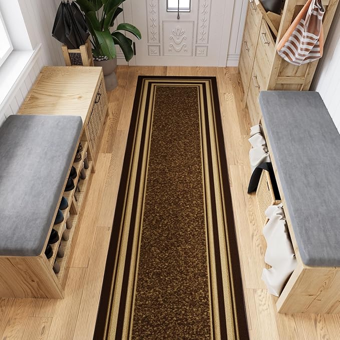 Ottomanson Hallway Runner Rug 2'7" x 9'6" Non Slip Border Area Rugs Easy to Clean Laundry Rug Runner Durable & Pet Friendly Floor Carpet Runners for Hallways Entryway Living Room Kitchen, Brown
