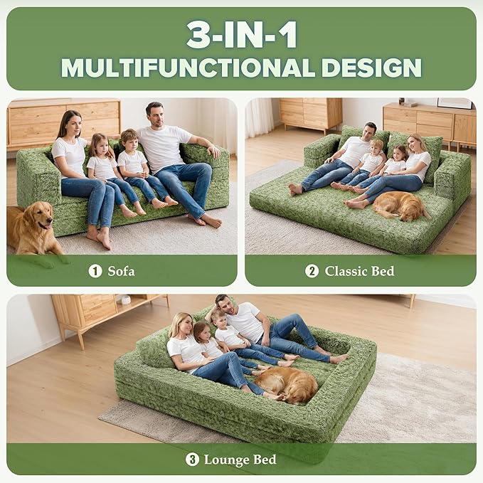 HABUTWAY Convertible Sofa Bed,3-in-1 Folding Futon Sofa Bed with Pillow, Foldable Sleeper Sofa Bed with Removable Cover,Plush Boneless Floor Chair Couch Lounge for Living Room,(Queen,Green)