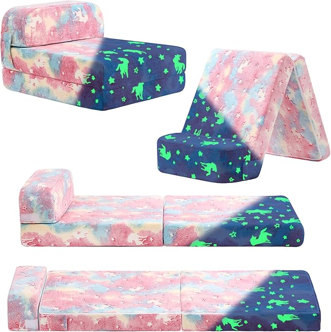 Tiita Folding Sofa Bed for Kids, Toddler Fold Out Couch Bed with Removable Cover, Kids Futon Sleeper Chair Folding Bed Mattress for Kids Room, Living Room, Guest Room,Colorful