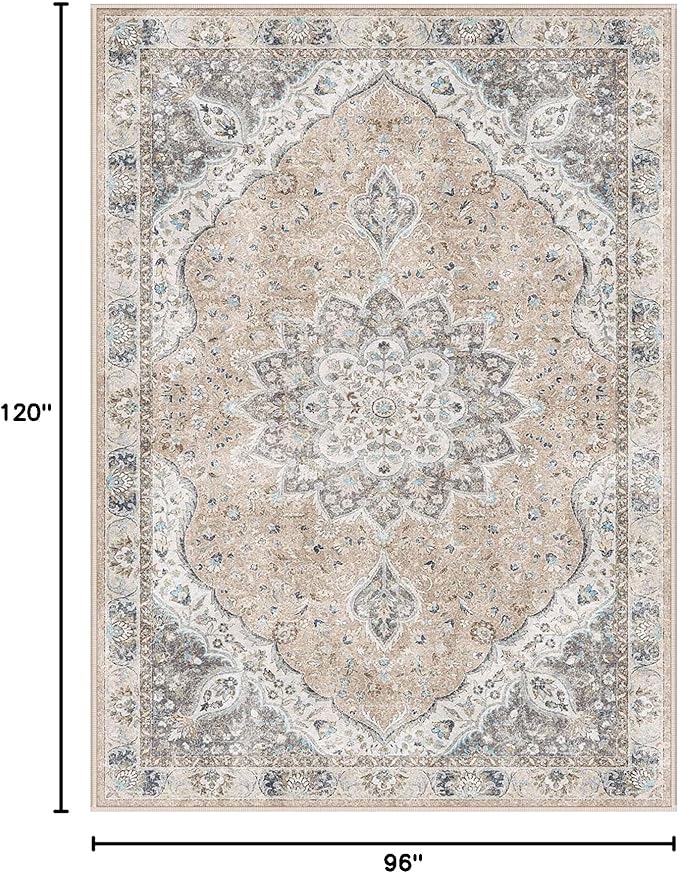 Washable Rug 8x10 Area Rugs for Living Room - Stain Resistant Non-Slip Backing Rugs for Bedroom - Vintage Large Area Rug (Peach/Gray, 8'x10')