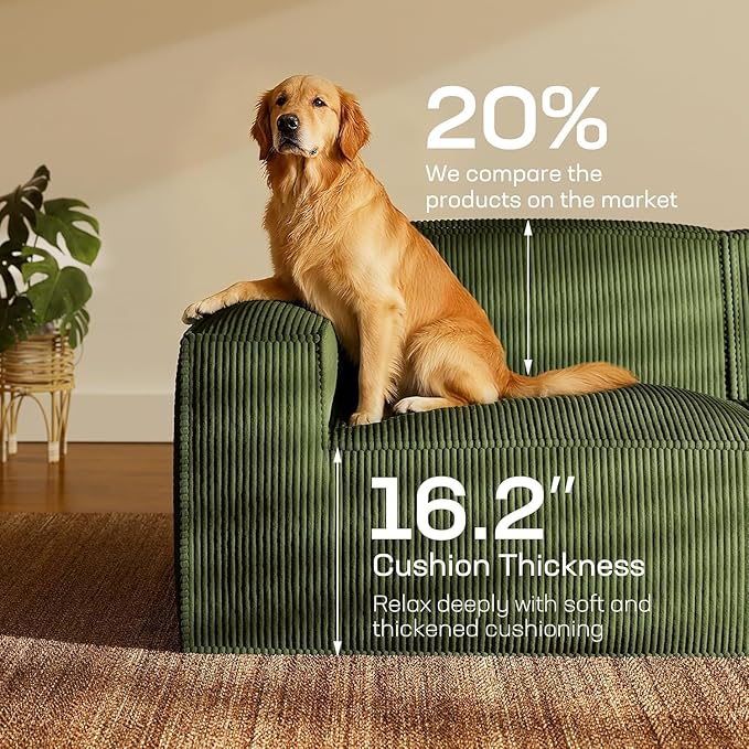 Marsail Modular Sectional Sofa, 111" I-Shaped Modular Sectional Couch with Deep Seat, Freely Combinable Sectional Cloud Sofa for Living Room, No Assembly, Plush Corduroy Fabric, Green