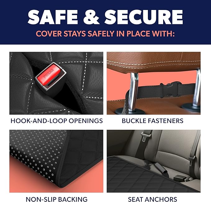 Active Pets Black Car Rear Seat Cover for Dogs, Durable Waterproof & Scratch Resistant Vehicle Backseat Protector, Nonslip Dog Accessory & Pet Protection for Back Seats, Machine Washable