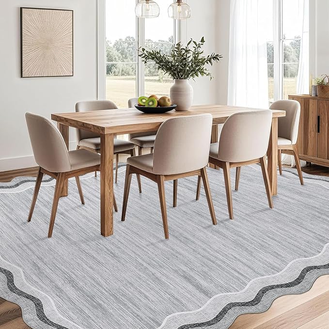 GarveeHome Scalloped Washable Rug 9x12 Area Rugs for Living Room Modern Solid Carpet for Bedroom Abstract Irregular Scalloped Non-Slip Low-Pile Accent Carpet for Dining Room Home Office(Grey, 9x12)