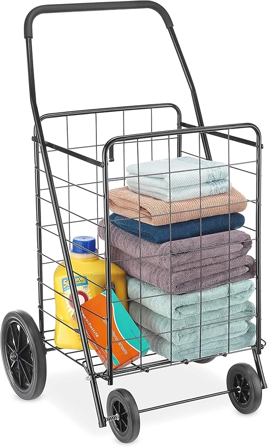 Whitmor Extra Large Utility Foldable Shopping Cart with Wheels, 100 Lb Capacity, Heavy Duty Grocery Cart with Steel Frame, Foam Handle, Rolling Collapsible Utility Trolley for Grocery, Laundry, Black