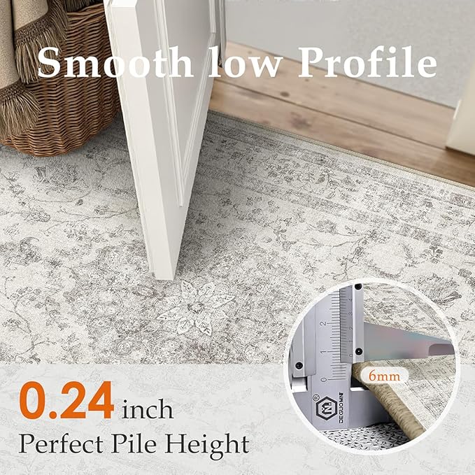 3x5 Area Rug Gray Washable Vintage Entryway Office Carpet Small Non Slip Soft Low Pile Soft Thin Kitchen Bathroom Retro Accent Throw Rug Entrance Bedroom Office Living Room Laundry