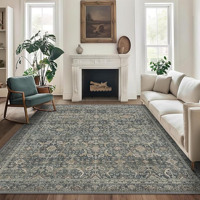 Bavni Washable Rugs 8x10 Area Rug for Living Room Bedroom, Washable Rug Vintage Print Carpet, Low Pile Lightweight Mat with Non Slip Backing,Deep