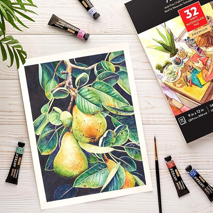 ARTEZA Watercolor Paper, Pack of 2, 32 Sheets Each, 9x12 Inch Watercolor Sketchbook, 140lb/300gsm, Cold Press, Acid Free Art Paper
