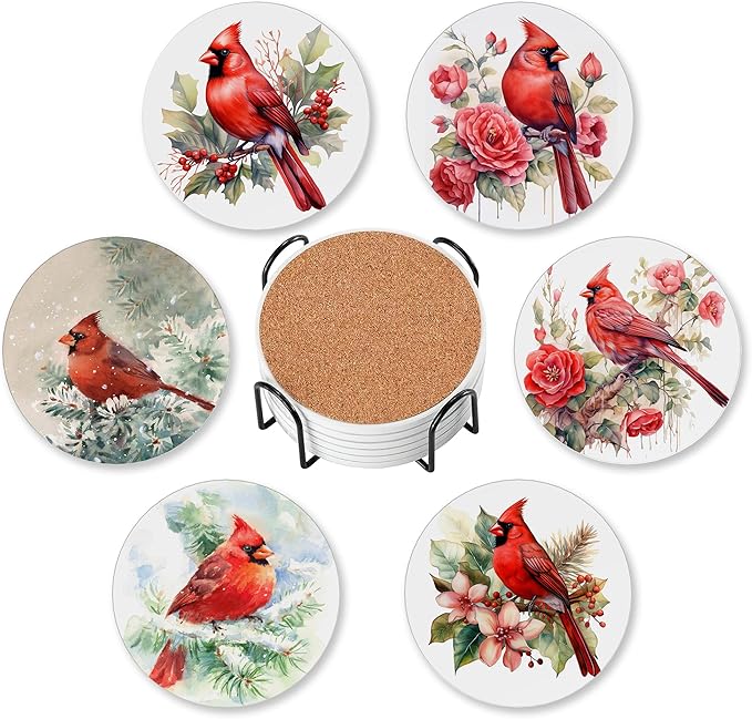 Coasters for Drinks Absorbent with Holder,Bird Cardinal Sets of 6 Durable Cup Coaster for Coffee Table Protection,Great Housewarming Birthday Gifts,Home Decor