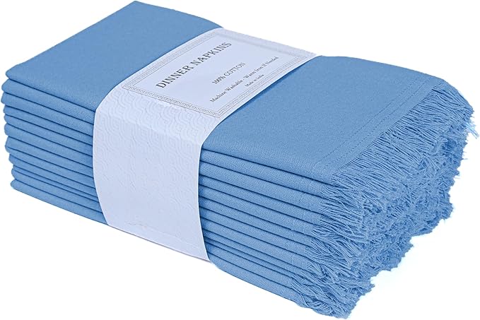Bedding Craft Cotton Cloth Dinner Napkins Set of 12 – 18x18 Light Blue with Frayed Selvedge Edges – Machine Washable Fabric Napkins for Weddings, Baby Showers, Parties & Dining