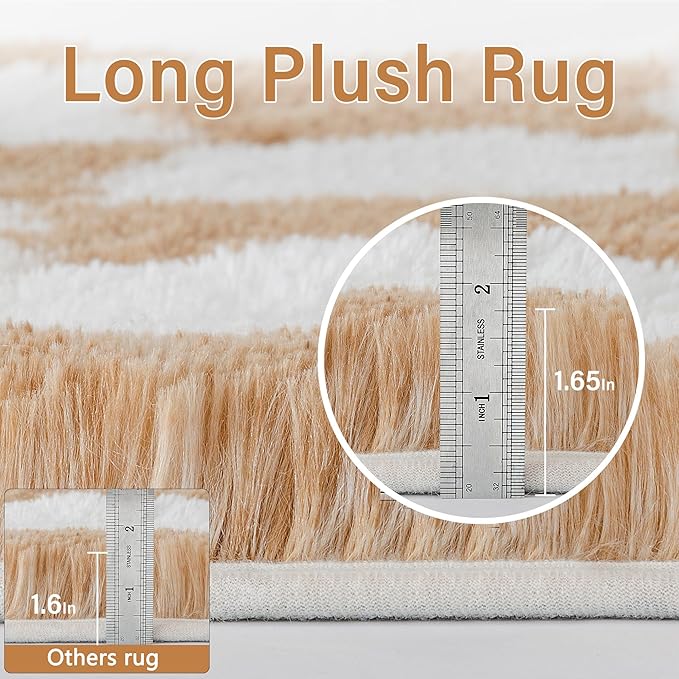 Checkered Rug 6x9 for Living Room, Brown and White Modern Shag Rugs Super Soft Washable Indoor Office Fuzzy Carpet Non-Slip Fluffy Rugs for Bedroom Home Aesthetic Decor