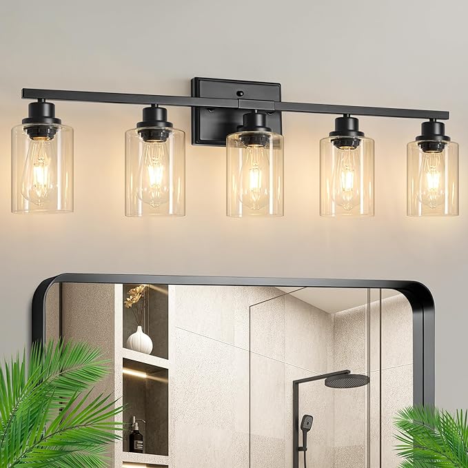 Ascher 5-Light Bathroom Light Fixtures, 33 Inch Vanity Lights with Clear Glass Shade, Modern Black Finish Wall Light for Mirror Bedroom Hallway Cabinet Porch