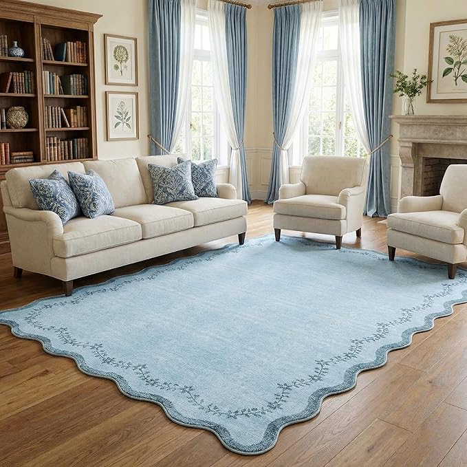 GarveeHome 5x7 Scalloped Area Rug Blue Washable Rugs for Living Room Bedroom, Soft Low Pile Non Slip Accent Floor Mat Solid Floral Print Throw Rug Farmhouse Indoor Carpet for Dorm Playroom