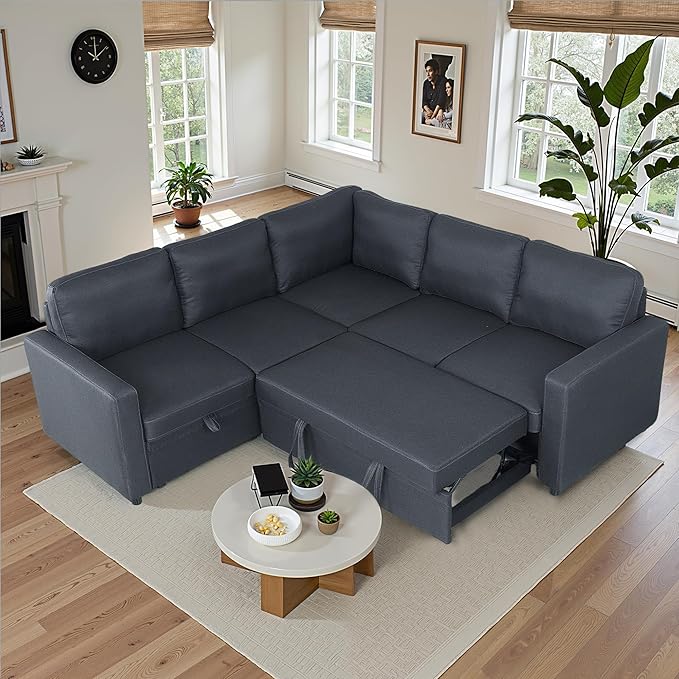 83" Pull Out Sleeper Couch with Storage Chaise, Couch, Sofa Bed, Convertible L Shaped Sofa for Living Room, Apartment, Black Grey