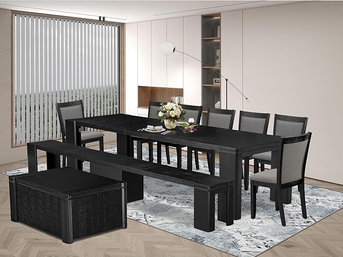 X07MZ-BC6-50 - 10-Pc Dining Table Set a Kitchen Table with a coffee Table and a wooden Bench & 7 Dark Gotham Grey Fabric Dining Chair, 39x120 Inch, Wire Brushed Black