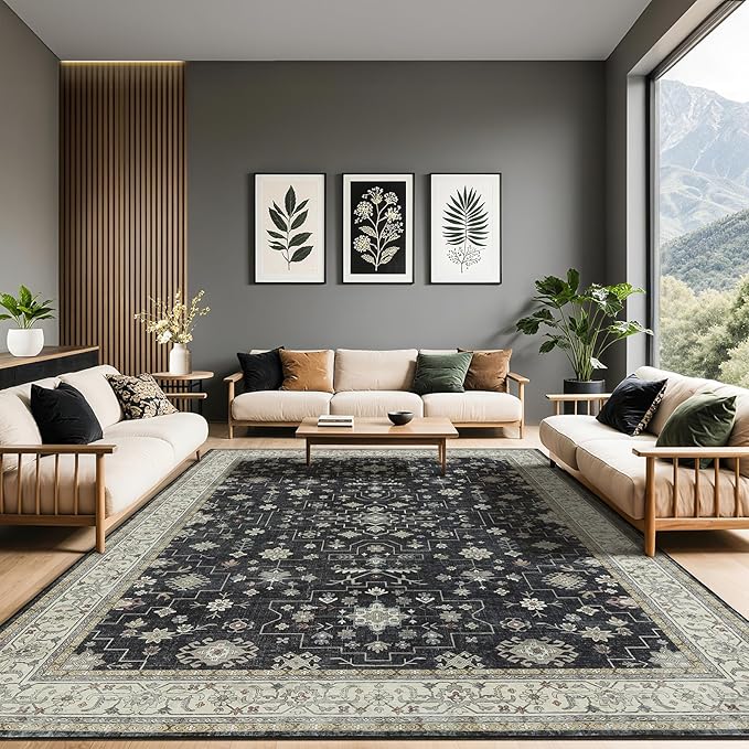 LBRO2M Distressed Black Washable Rugs 9X12 Area Rug for Living Room for Bedroom Dining Room Non Slip Farmhouse Rugs Easy Clean, Stain Resistant Carpet Great for Pets and Kids (9'X12' Charcoal Black)