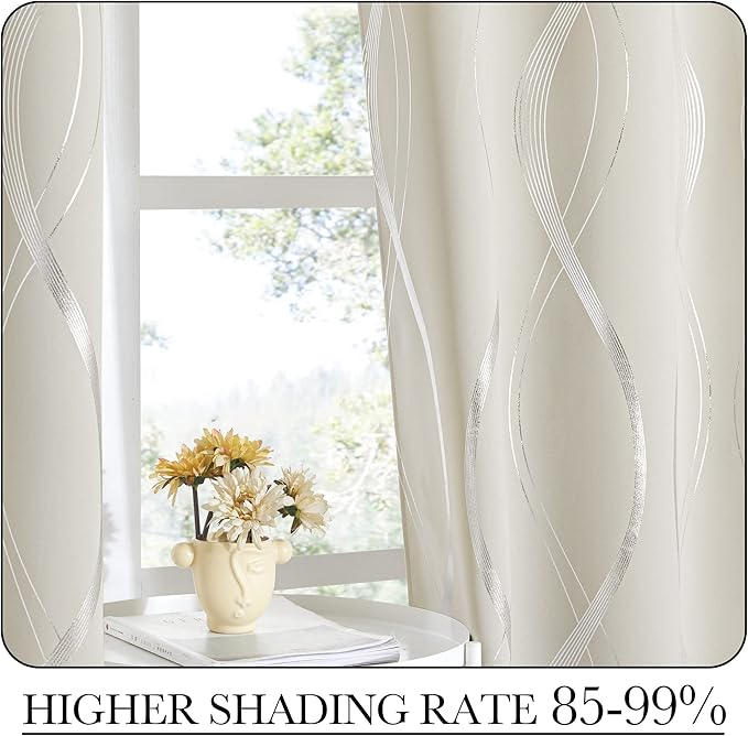 NICETOWN Bedroom Curtains Small Blackout Panels, Beige, Set of 2, 42 by 40 Inch, Window Treatment Thermal Insulated Solid Grommet Blackout Wave Line Foil Print Design Curtains for Kitchen, Cafe, Loft