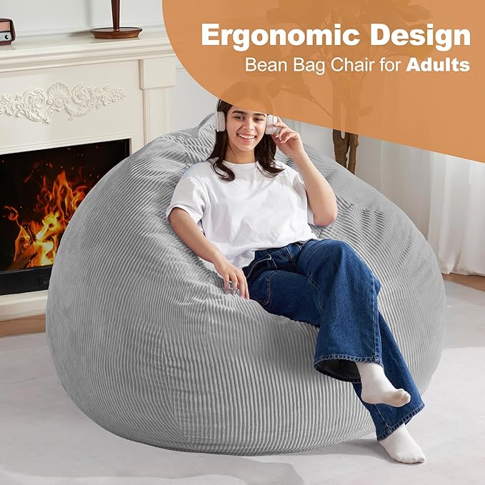 Homguava 5FT Bean Bag Chair for Adults,Teardrop Giant Bean Bags Big Beanbag Chair with Memory Foam Filled and Ultra Soft Removable Corduroy Cover for Living Room, Bedroom(Light Grey)