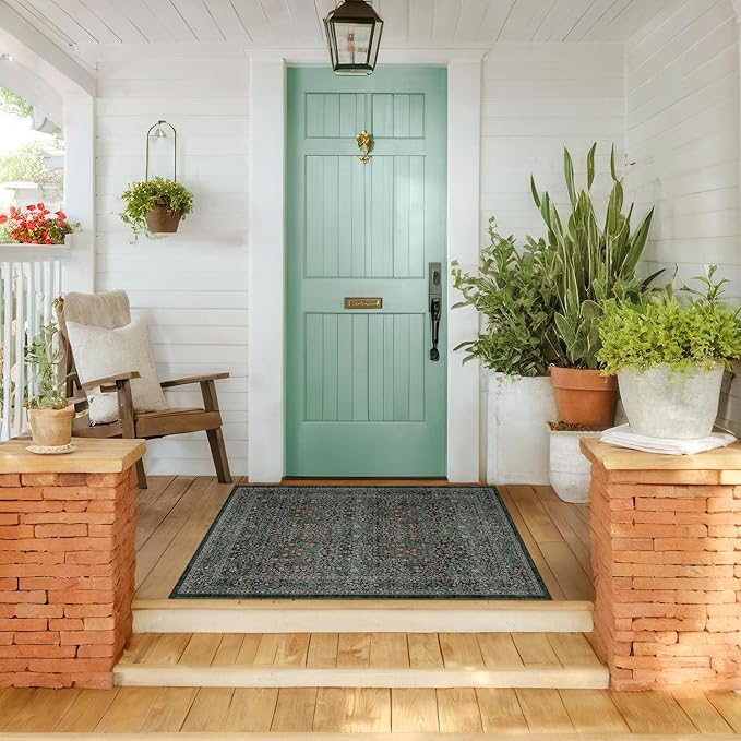 Dark Green Washable Entry Rug, 3x4 Rugs for Entryway Kitchen Bathroom Door Mat Indoor Entrance, Non Slip Rubber Backing, Stain & Fade Resistant, Vintage Floral Design