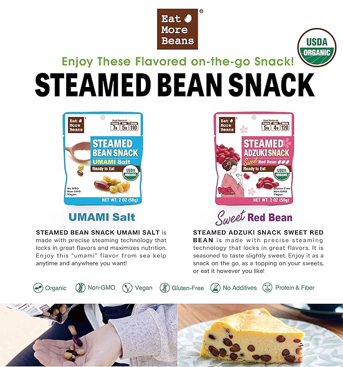 【Eat More Beans】STEAMED ADZUKI SNACK -Sweet Red Bean, steamed bean, Organic Adzuki Beans, healthy USDA Certified, Vegan, Non-GMO (2oz, 10packs)