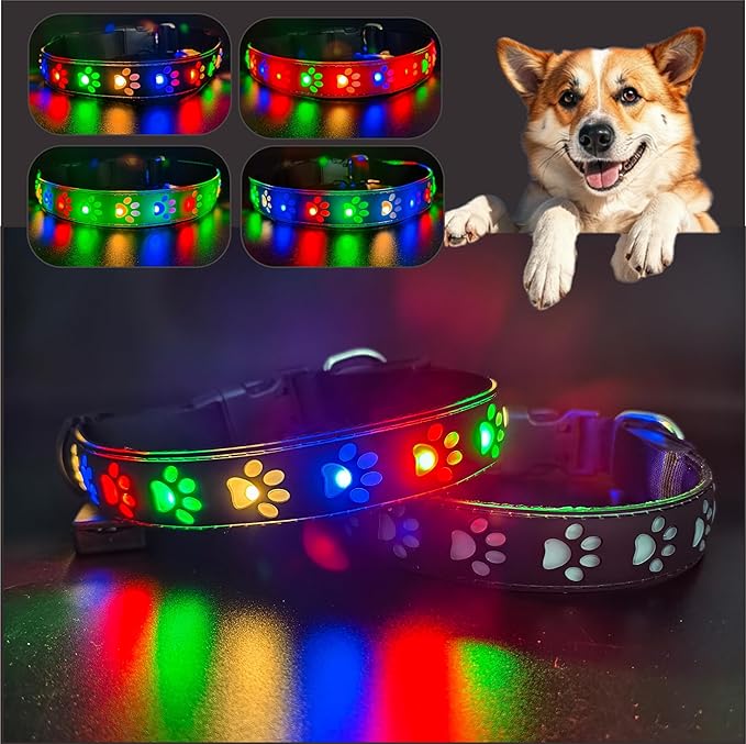 LED Light Up Dog Collar, USB-C Rechargeable, Multicolor Paw Print Design, 15 Modes Lighting Night Safety (Black Pro, S(7.87-11.8"))