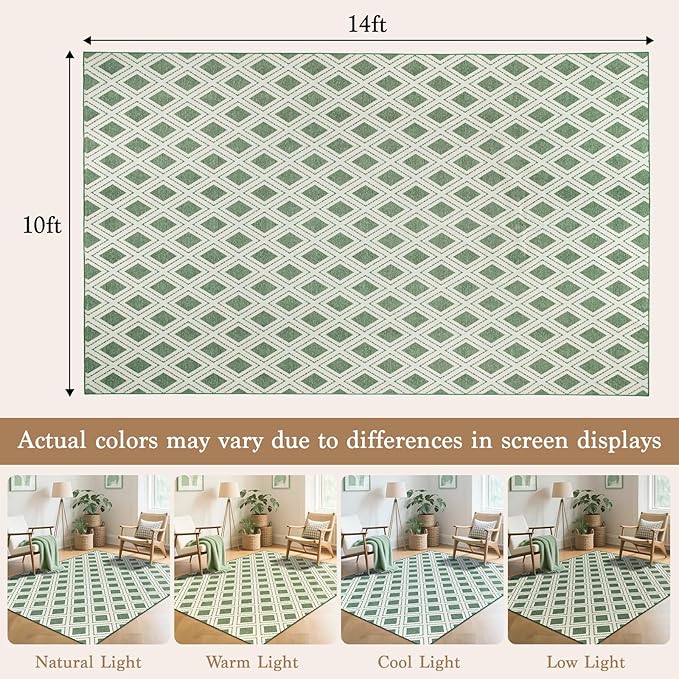 LBRO2M Checkered 10X14 Area Rug for Living Room Washable Rugs for Bedroom Dining Room Non Slip Modern Rugs Easy Clean, Soft, Stain Resistant Carpet Great for Pets and Family (10'X14' Green)