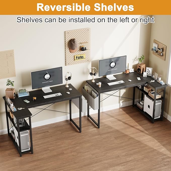 L Shaped Computer Desk with Reversible Shelves, 40 Inch Small Corner Desk with Storage Bag, Gaming Desk Computer Table Study Writing Table for Home Office Bedroom Small Space, Black