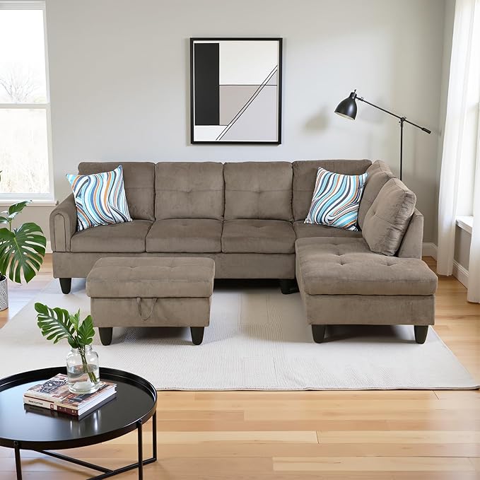 Couches for Living Room Modern L Shaped Couch Comfy Velvet Fabric 3 Pieces Sectional Sofa with Chaise, Ottoman with Storage for Office and Small Apartment, Brown Pineapple