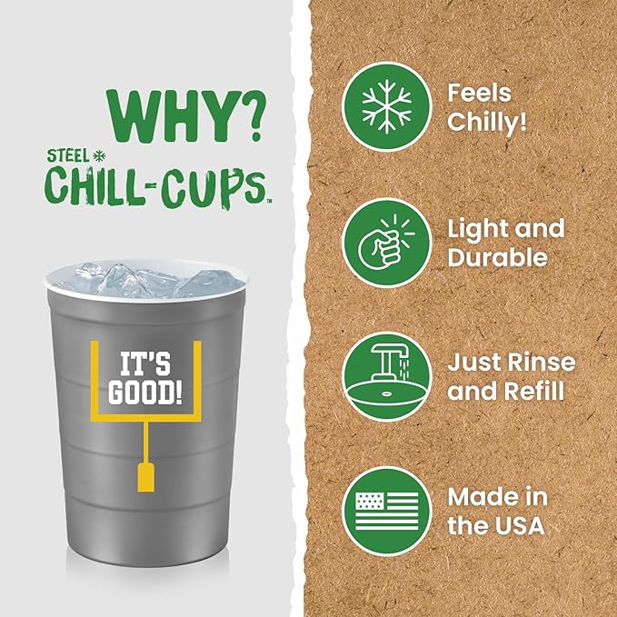 16 oz. Party Cup Football 'It's Good' Goal Post Design for Cold Drinks, Durable, Disposable, Recyclable, Made in USA, Gray 12 Count