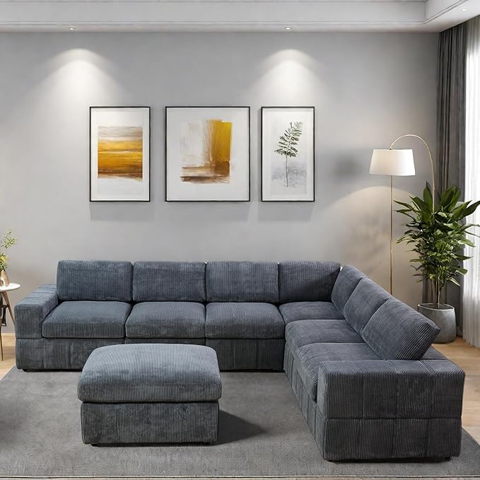 L Shaped Sectional Couches for Living Room, Modular Sectional Sofa with Ottoman & Chaise, Modern Lounge Couch Living Room Furniture for Adults, Dark Grey
