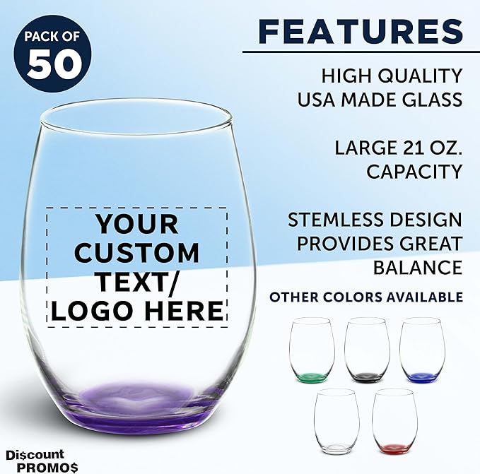 DISCOUNT PROMOS 50 ARC Stemless Wine Glasses Set, 21 oz. - Customizable Text, Logo - Chardonnay, Cabernet, Merlot, Sauvignon - Purple