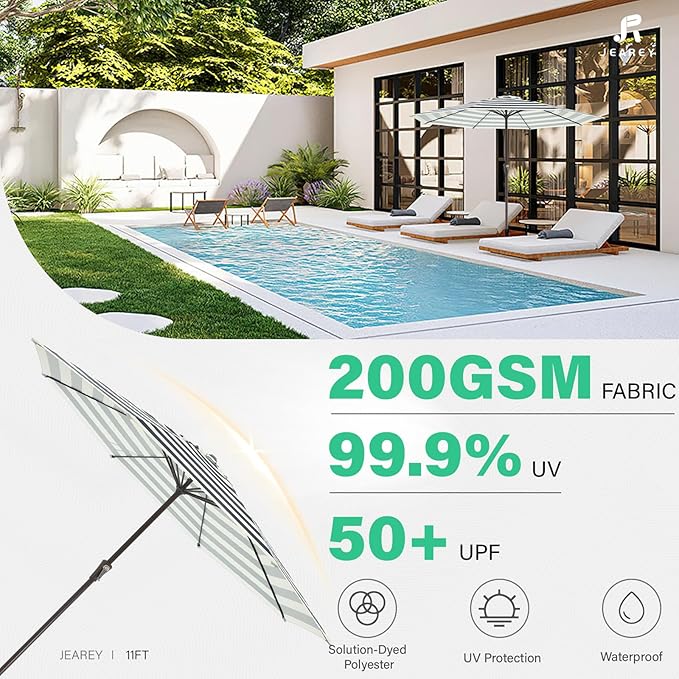 JEAREY 11' Patio Umbrellas Outdoor Table Market Umbrella w/Crank, 8 Sturdy Ribs, UV Protection Windproof for Garden, Deck, Backyard, Pool(Beige & Black Striped)
