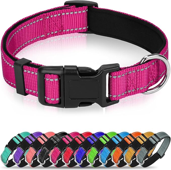 Reflective Dog Collar for Mediunm Dogs, Adjustable Collar with Soft Neoprene Padded, Durable Buckle for Daily Walking,Hotpink,M, 1" Width