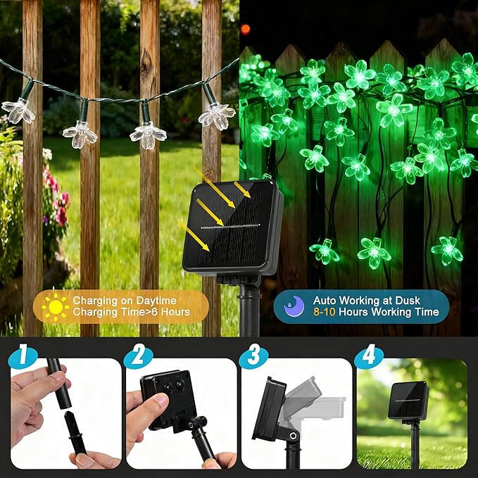 60 LED Solar String Lights Outdoor Waterproof Flower Fairy Lights for Garden Fence Patio Yard Christmas Tree Lawn Wedding Party Decor, Green